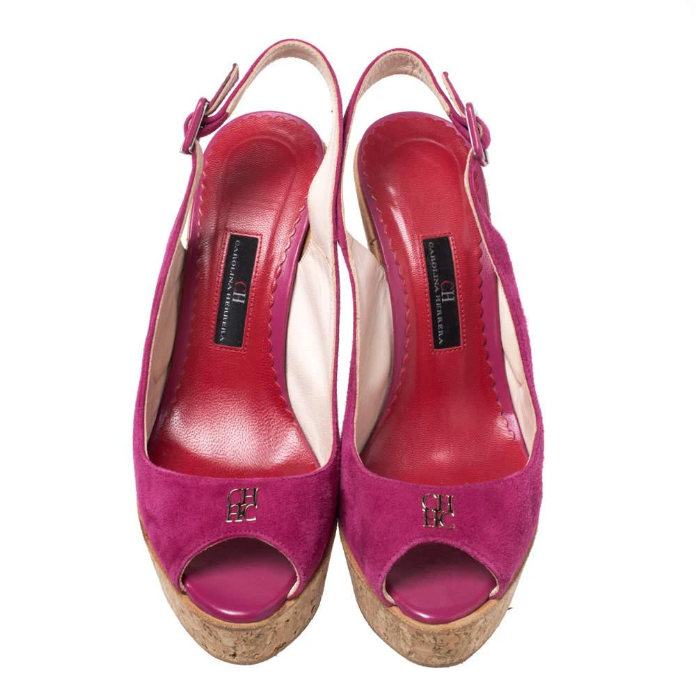 商品[二手商品] Carolina Herrera|CH Carolina Herrera Pink Suede Cork Wedge Platform Peep Toe Slingback Sandals Size 37,价格¥1230,第3张图片详细描述