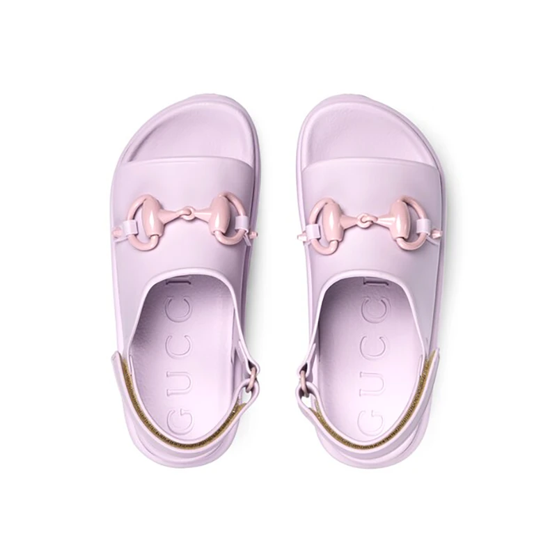 GUCCI/古驰 女士粉色橡胶Horsebit马衔扣厚底平底凉鞋 商品