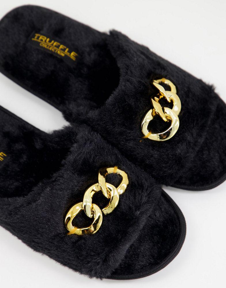 Truffle Collection chain detail fur slippers in black商品第4张图片规格展示