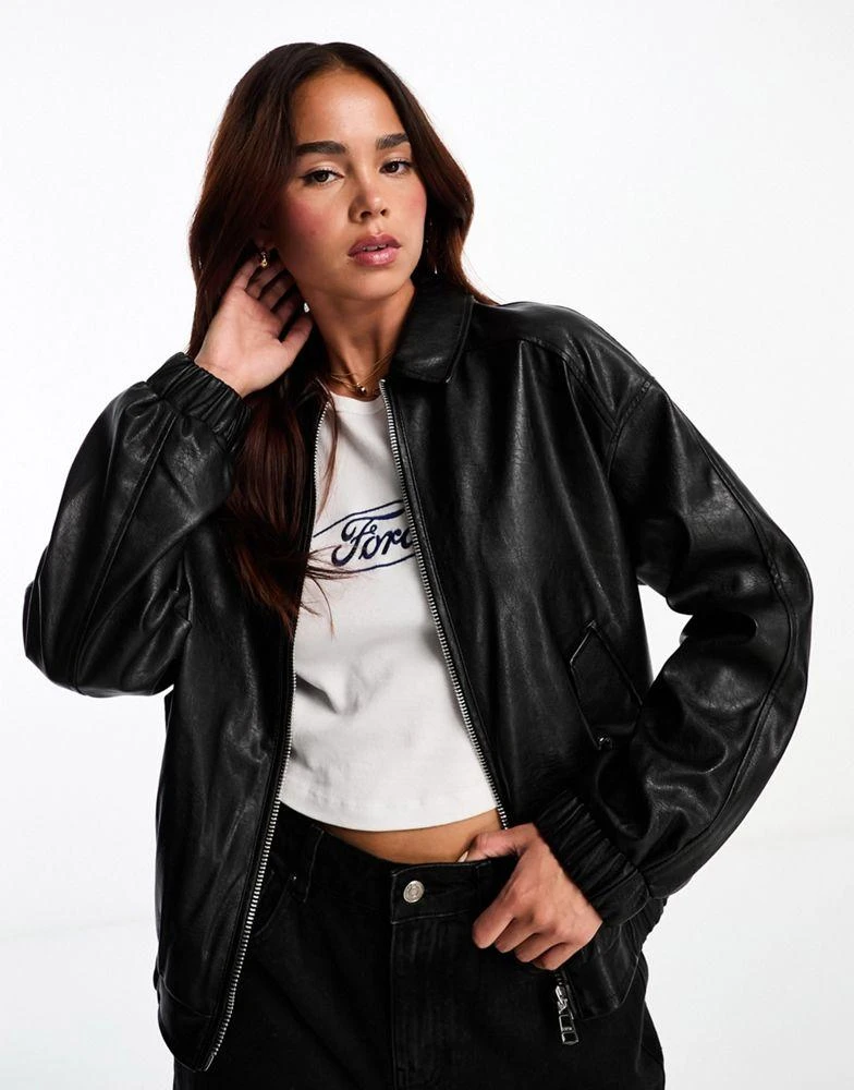商品Bershka|Bershka faux leather dad jacket in black,价格¥343,第1张图片