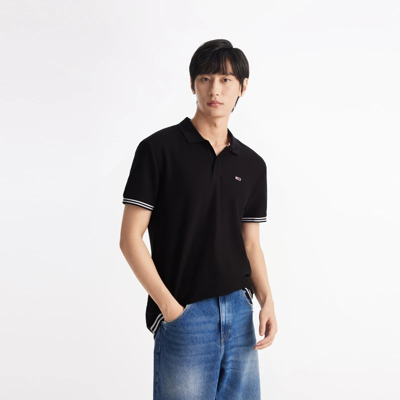 商品[国内直发] Tommy Hilfiger|高尔夫穿搭美式复古纯棉条纹袖口镶边小绣标舒适Polo衫 男款 黑色,价格¥389,第4张图片详细描述