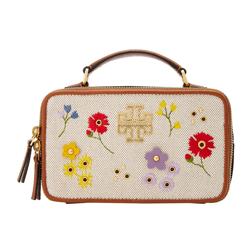 商品[国内直发] Tory Burch|托里·伯奇TB 女士米色拼色织物配皮刺绣花朵时尚元素手提单肩斜挎包相机包 89531-254,价格¥3912,第1张图片