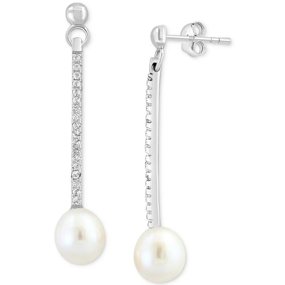 商品Effy|EFFY® Freshwater Pearl (7mm) & White Topaz (1/5 ct. t.w.) Linear Drop Earrings in Sterling Silver,价格¥837,第1张图片