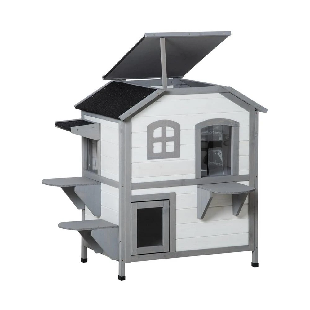 商品PawHut|2-Story Wooden Cat Condo Balcony Doors for Indoor/Outdoor Use, White,价格¥1507,第2张图片详细描述
