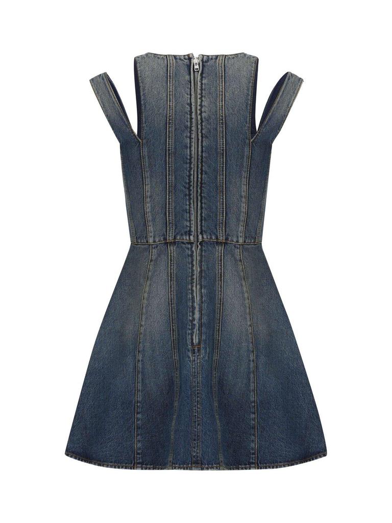 Alexander McQueen V-neck Pleated Denim Mini Dress商品第2张图片规格展示