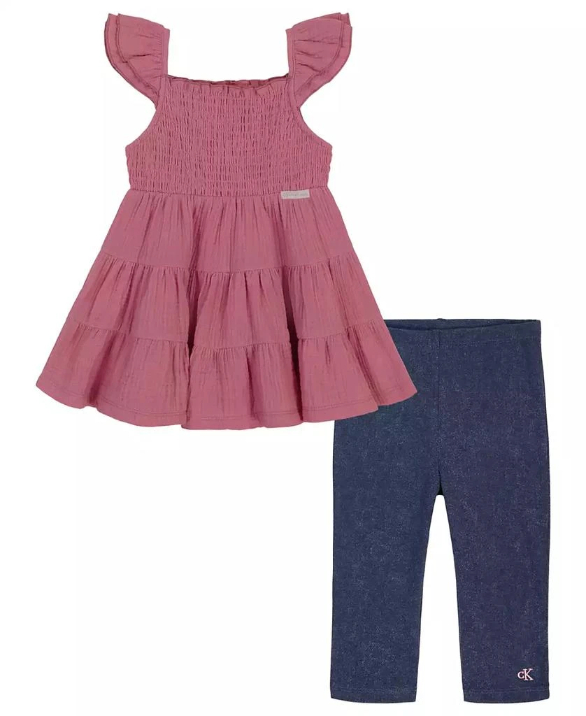 商品Calvin Klein|Little Girls Smocked Tiered Gauze Tunic and Stretch Capri Leggings, 2 Piece Set,价格¥165,第1张图片