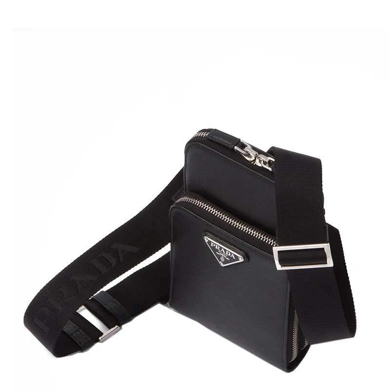 商品Prada|【预售3-7天】PRADA/普拉达 22春夏新款 男士黑色Saffiano皮革银扣三角徽标配织物肩带双层空间拉链开合斜跨单肩包2ZH126_053_F0002,价格¥7930,第5张图片详细描述