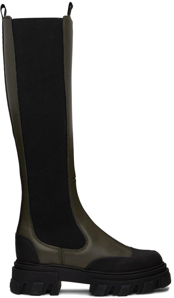 商品Ganni|Khaki & Black Cleated High Chelsea Boots,价格¥3125,第1张图片