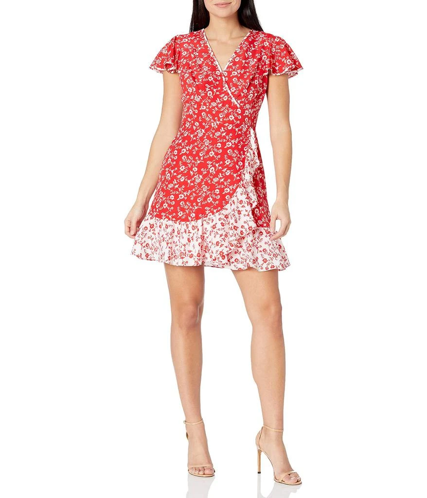商品Vince|Camuto Women's Printed CDC Faux Wrap Fit and Flare Dress with Contrast Ruffle Hem,价格¥698,第1张图片