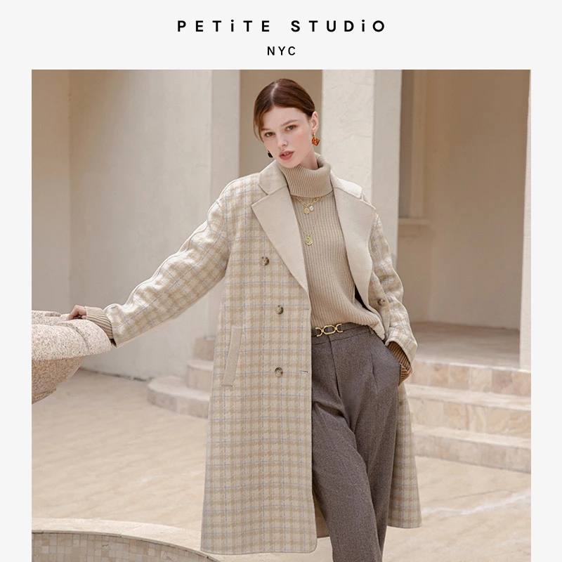 商品[国内直发] Petite Studio NYC|Teagan米白千鸟格摩登双排扣法式百搭羊毛大衣 | Teagan Wool Coat - Plaid,价格¥2375,第1张图片