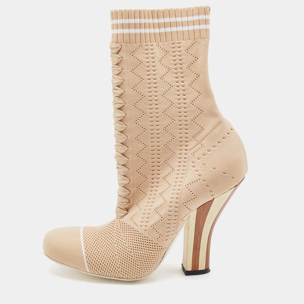 商品[二手商品] Fendi|Fendi Beige Knit Fabric Rockoko Runway Openwork Ankle Boots Size 38,价格¥3986,第1张图片