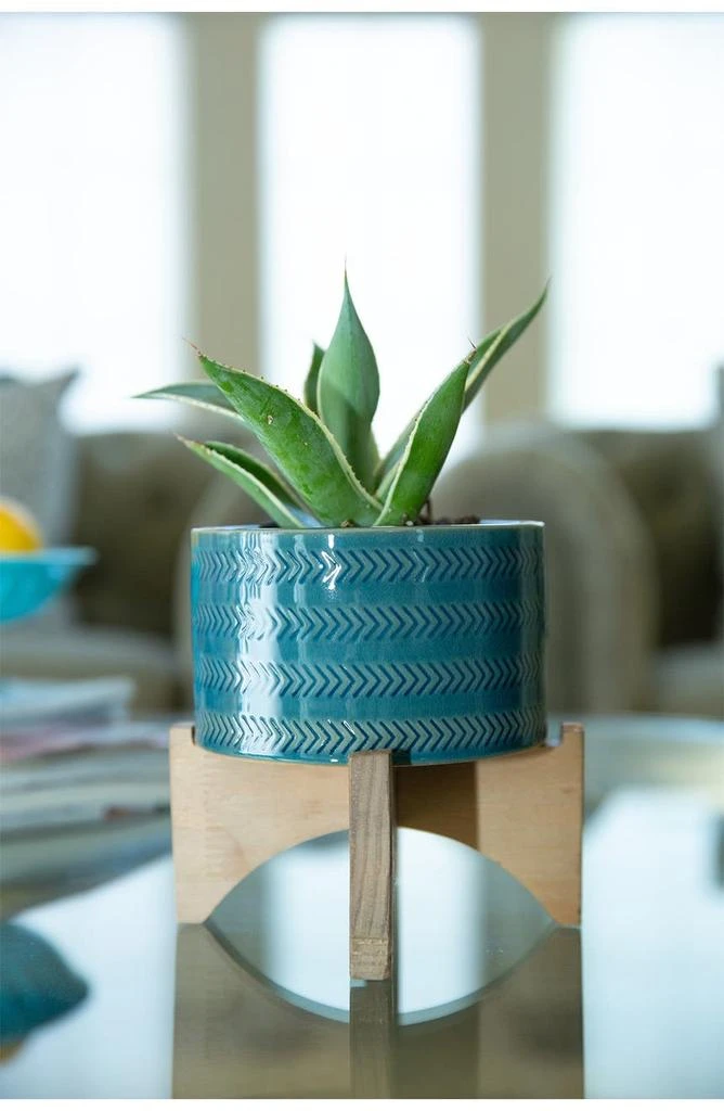 商品FLORA BUNDA|Teal 5" Arrow Ceramic Planter On Wood Stand,价格¥169,第2张图片详细描述