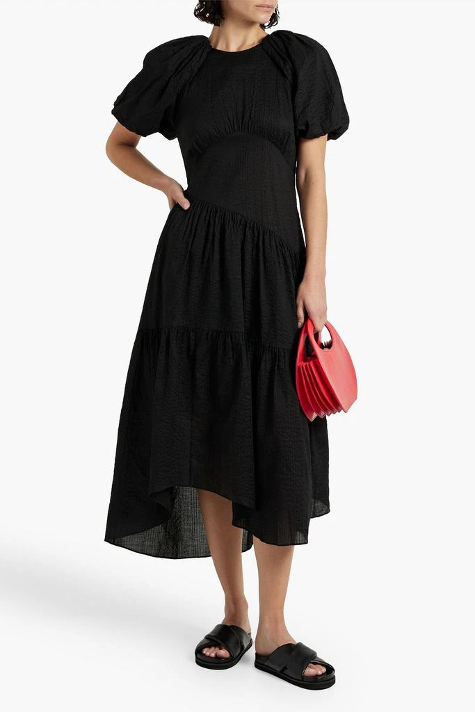 商品FRAME|Asymmetric gathered cotton-seersucker midi dress,价格¥1656,第2张图片详细描述