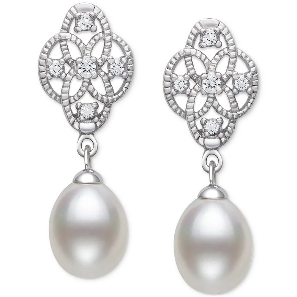 商品Belle de Mer|Cultured Freshwater Pearl (7-8mm) & Lab-Created White Sapphire (1/6 ct. t.w.) Drop Earrings in Sterling Silver,价格¥930,第3张图片详细描述