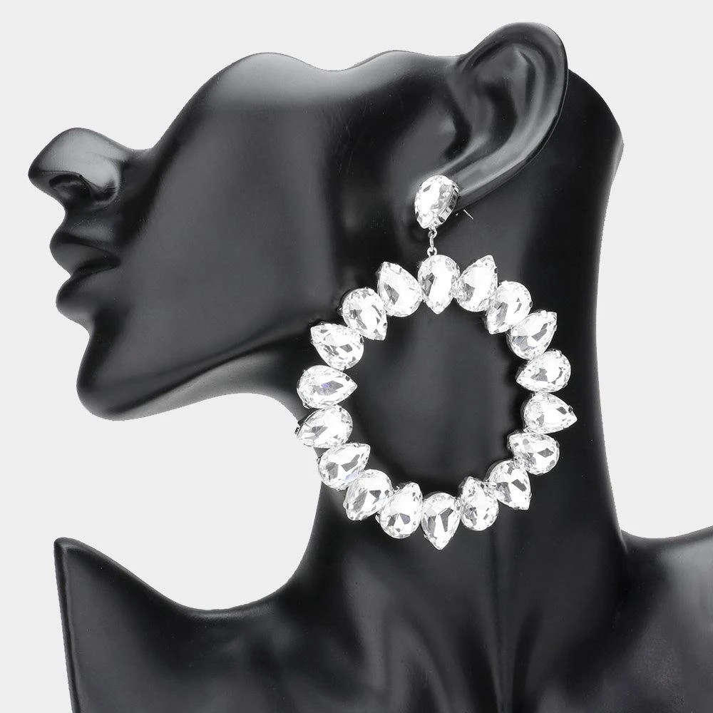 商品FASHNZFAB|Teardrop Glass Crystal Open Circle Evening Earrings - Clear, Rhodium,价格¥227,第1张图片
