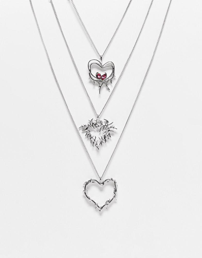 Reclaimed Vintage 3 row mega heart pendant necklace in silver商品第1张图片规格展示