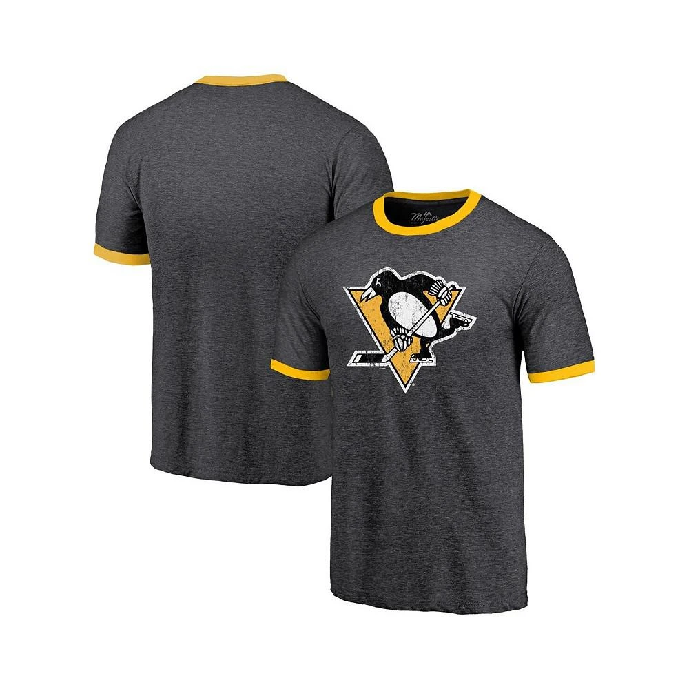 商品Majestic|Men's Threads Heathered Black Pittsburgh Penguins Ringer Contrast Tri-Blend T-shirt,价格¥291,第1张图片