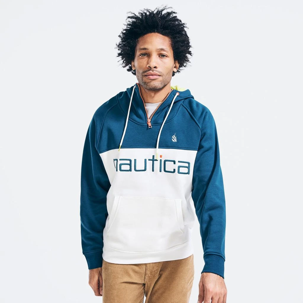 商品Nautica|Mens Big & Tall Colorblock Logo Quarter-Zip Hoodie,价格¥240,第1张图片