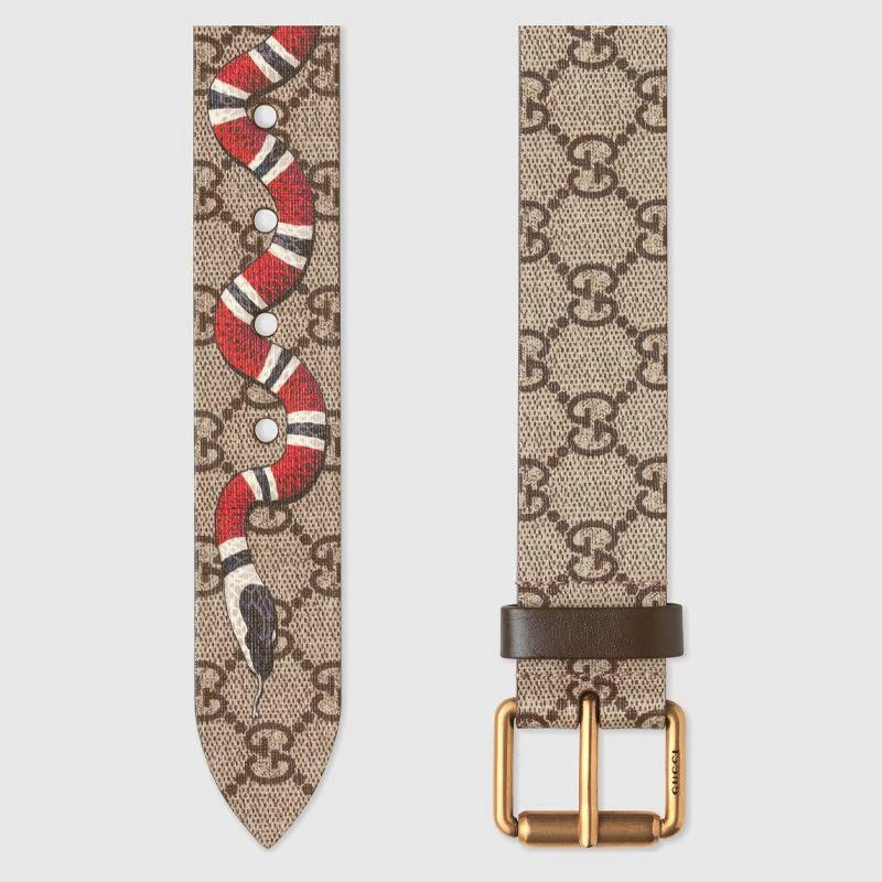 商品Gucci|法国直邮GUCCI/古驰 经典款男士米色帆布双G印花珊瑚蛇针扣腰带,价格¥4934,第1张图片