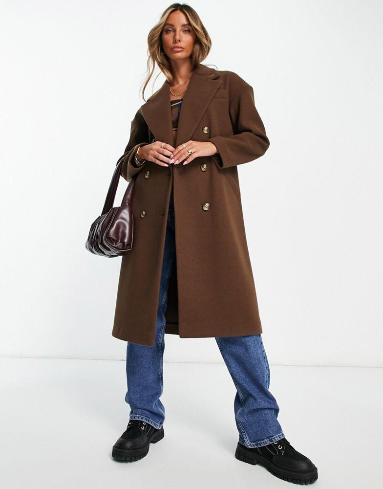 Topshop double breasted long coat in chocolate商品第2张图片规格展示