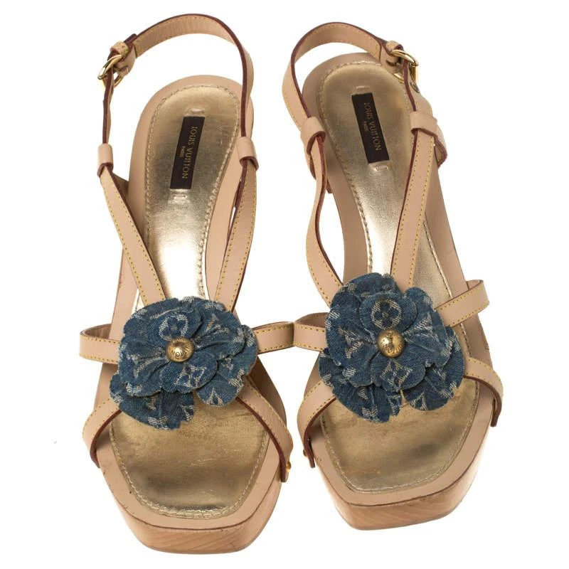 商品[二手商品] Louis Vuitton|Louis Vuitton Beige/Blue Monogram Denim Floral Platform Strappy Sandals Size 39.5,价格¥2367,第3张图片详细描述