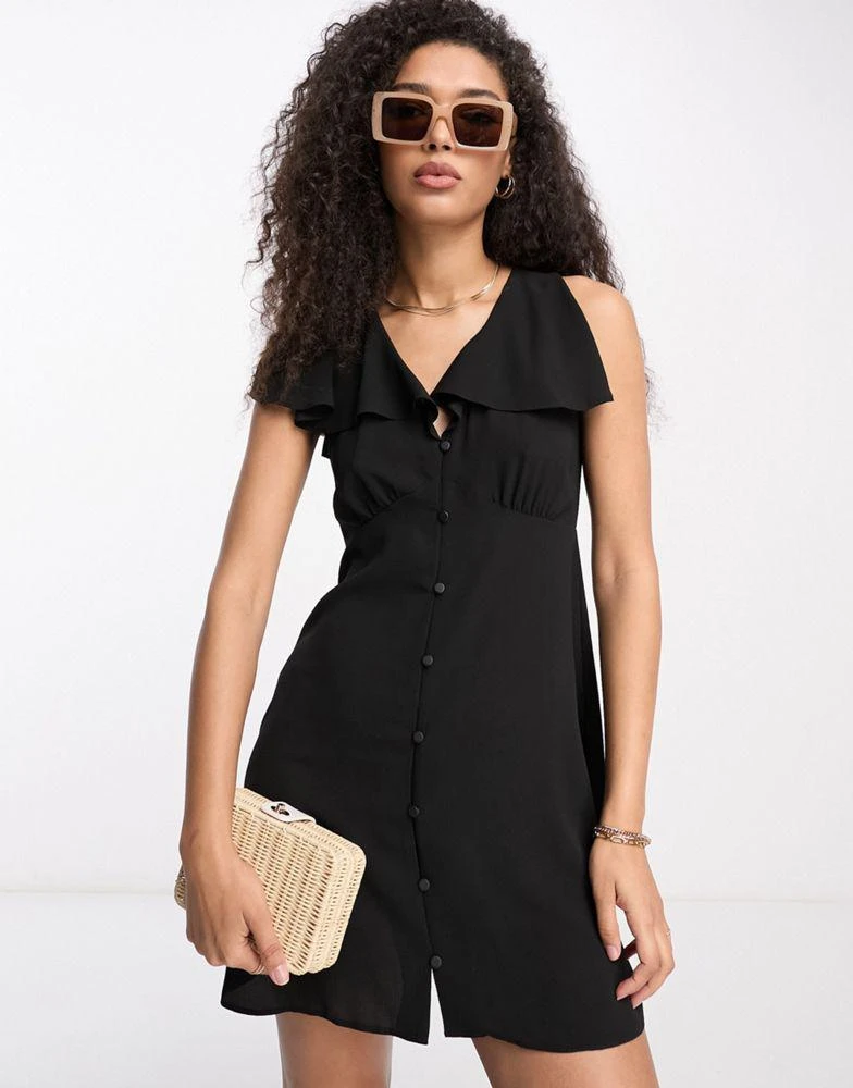 商品ASOS|ASOS DESIGN flutter sleeve mini tea dress with buttons in black,价格¥108,第3张图片详细描述
