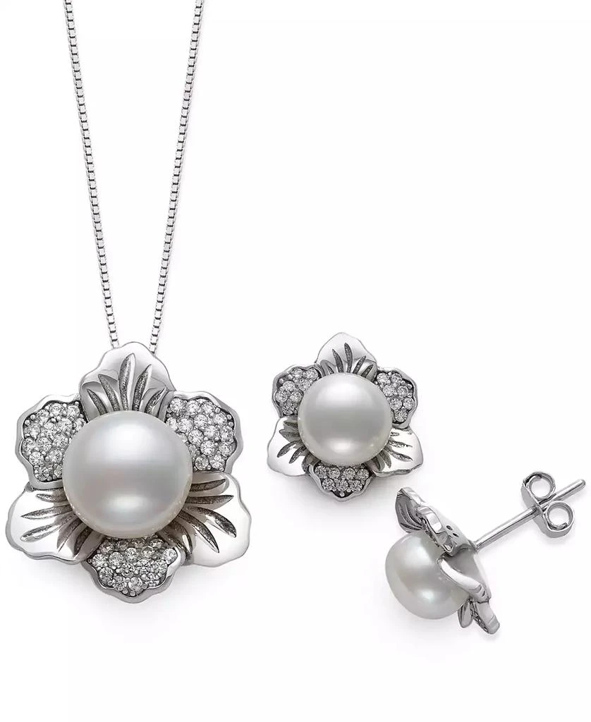 商品Belle de Mer|2-Pc. Set Cultured Freshwater Pearl (7 & 10mm) & Cubic Zirconia Flower Pendant Necklace & Matching Stud Earrings in Sterling Silver,价格¥952,第1张图片