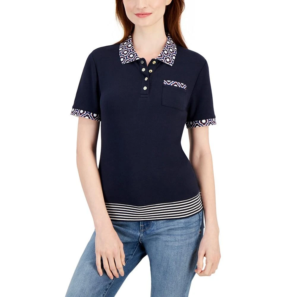 商品Tommy Hilfiger|Women's Cotton Printed-Collar Striped-Hem Polo,价格¥392,第1张图片