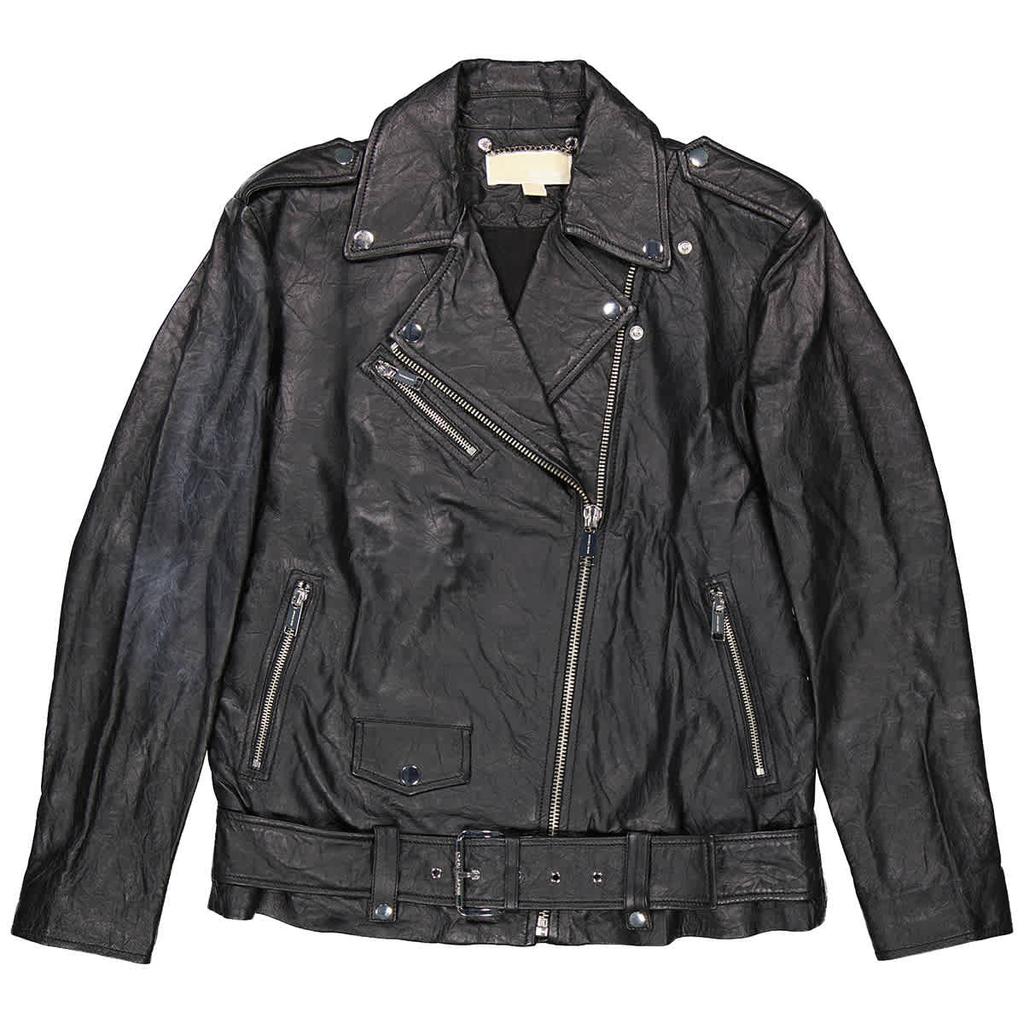 Michael Kors Ladies Crinkled Leather Moto Jacket in Black, Size Small商品第1张图片规格展示