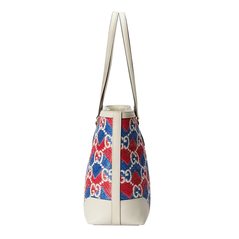 商品Gucci|【包税】GUCCI/古驰 22新款 女士蓝色/红色稻草效果面料配皮革GG老花“Montecarlo”字样刺绣手提包托特包631685UYFCG6288,价格¥13046,第4张图片详细描述