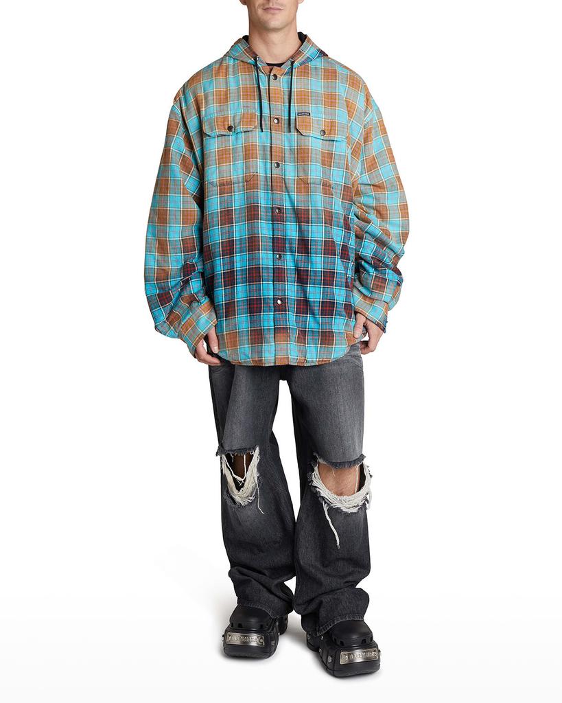 Men's Bleached Plaid Flannel Hooded Shirt Jacket商品第1张图片规格展示