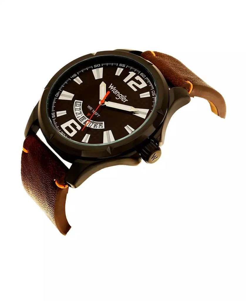 商品Wrangler|Men's Watch, 48MM IP Black Case, Brown Zoned Dial with White Markers and Crescent Cutout Date Function, Brown Strap with Red Accent Stitch Analog, Red Second Hand,价格¥463,第2张图片详细描述