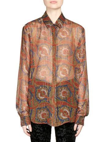 商品Yves Saint Laurent|Saint Laurent - Printed Silk Metallic Stripe Blouse,价格¥2849,第1张图片