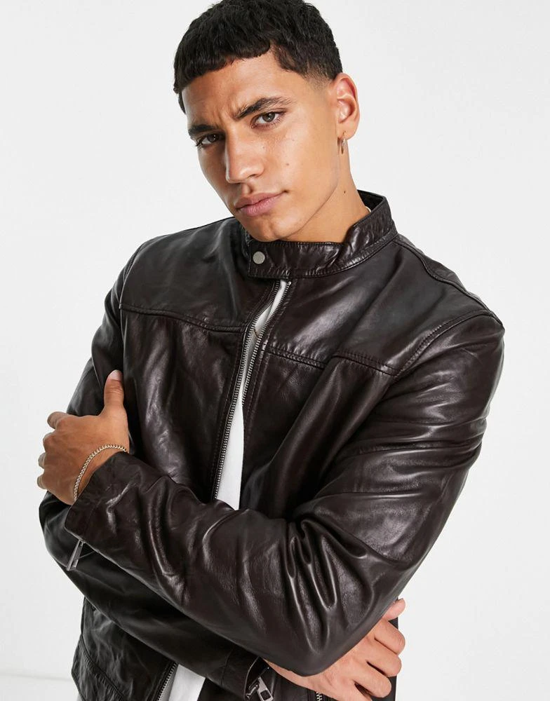 商品ASOS|ASOS DESIGN real leather racer jacket in brown,价格¥902,第2张图片详细描述