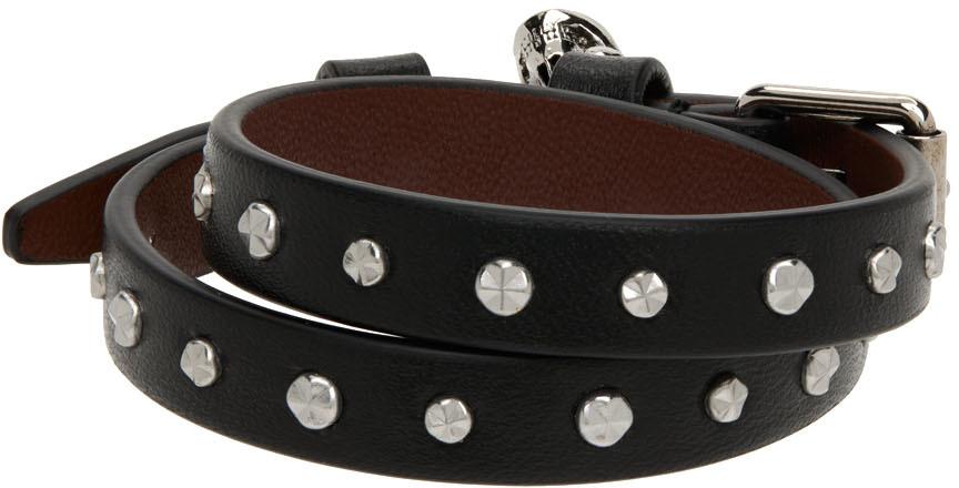 Black & Silver Double Wrap Studded Skull Bracelet商品第4张图片规格展示