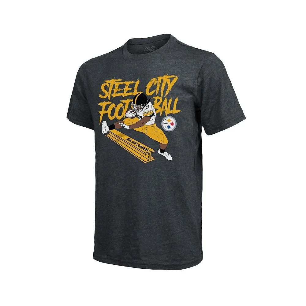 商品Majestic|Men's Threads Najee Harris Charcoal Pittsburgh Steelers Tri-Blend Steel City Player T-shirt,价格¥313,第3张图片详细描述