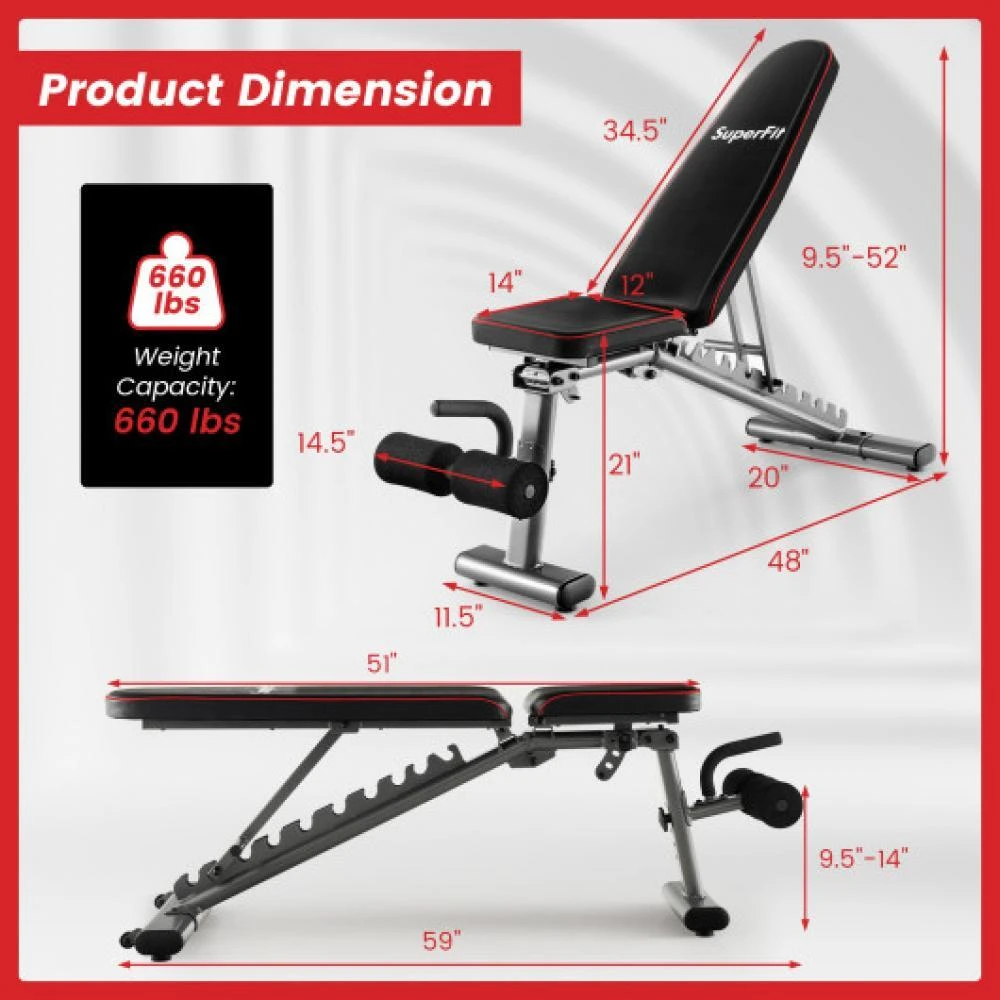 商品Hivvago|660 LBS Strength Training Bench with 10 Back and 3 Seat for Full Body Workout-Black,价格¥1560,第5张图片详细描述