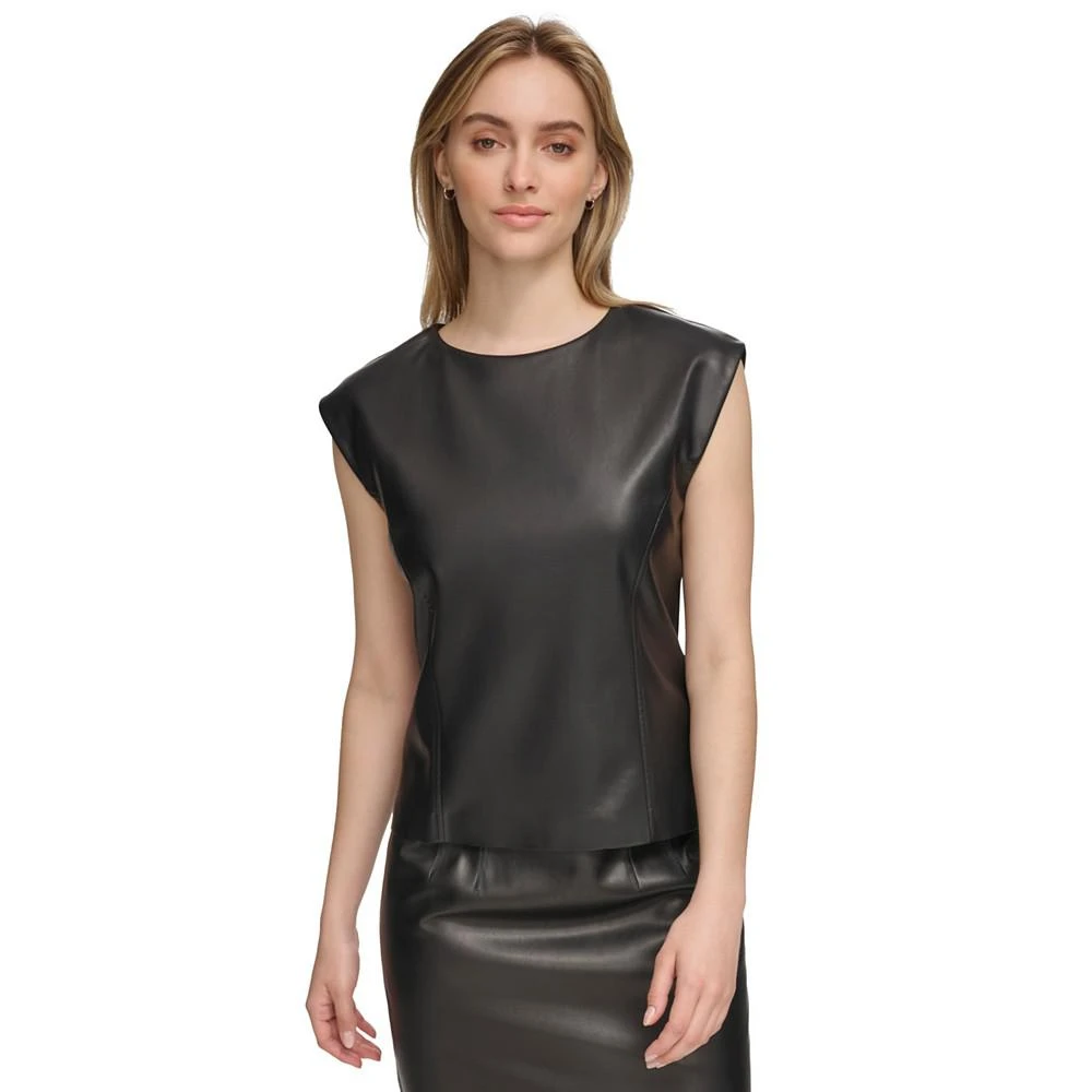 商品Calvin Klein|Women's Faux-Leather Cap Sleeve Top,价格¥606,第1张图片