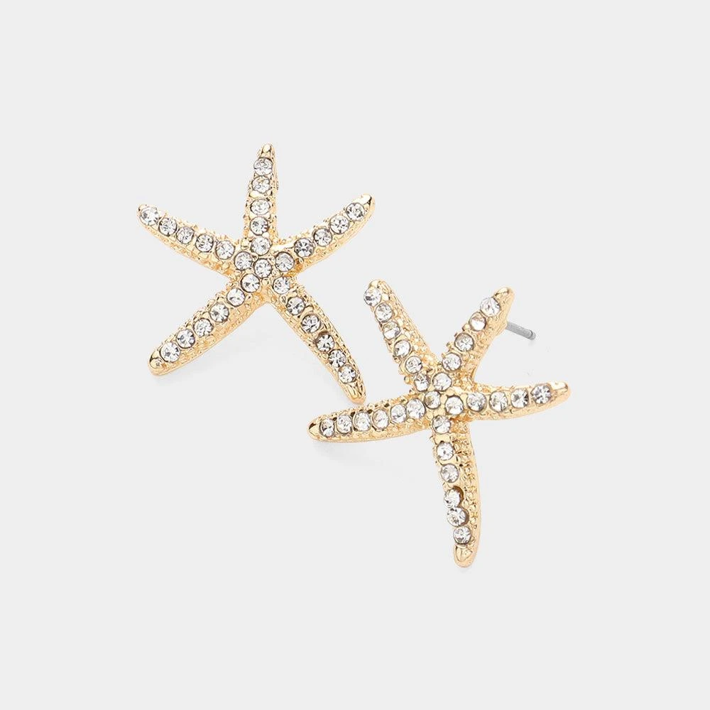 商品FASHNZFAB|Crystal Paved Starfish Stud Earrings - Clear, Gold,价格¥190,第1张图片详细描述