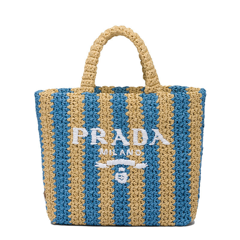 商品Prada|【预售3-7天】PRADA/普拉达 22新款 女士小号棕褐色浅蓝色酒椰纤维解构式设计手提托特包1BG422_2A2T_F0O8A_V_OOR,价格¥9765,第1张图片