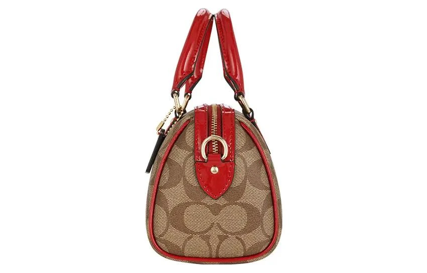 商品[国内直发] Coach|蔻驰 Boxed 18 经典老花挂件铭牌五金扣 PVC配皮 波士顿包手提包单肩包 小号 女款 棕色拼红色,价格¥1450,第5张图片详细描述