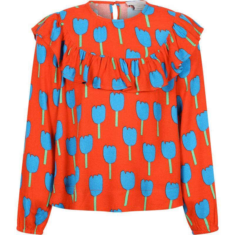 Tulips print ruffled detailing blouse in red and blue商品第1张图片规格展示