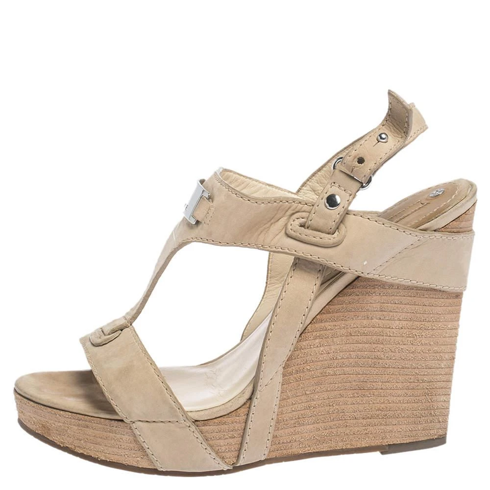商品[二手商品] Celine|Céline Beige Leather T-Strap Wedge Platform Slingback Sandals Size 37.5,价格¥808,第2张图片详细描述