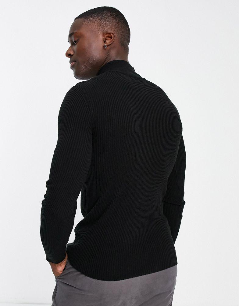 ASOS DESIGN lightweight rib jumper with half zip in black商品第2张图片规格展示