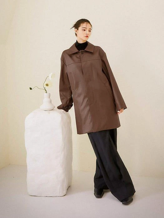 商品FLARE UP|Vegan Leather Balmacaan Mid-Length Coat - Brown,价格¥1450,第3张图片详细描述