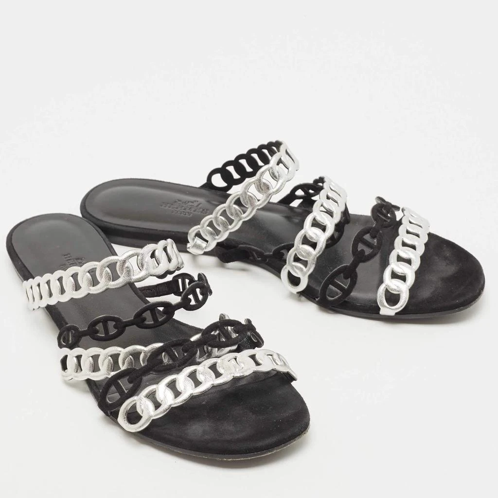 商品[二手商品] Hermes|Hermes Black/Silver Leather and Suede Chaine d'Ancre Flat Slides Size 38 ,价格¥3276,第4张图片详细描述