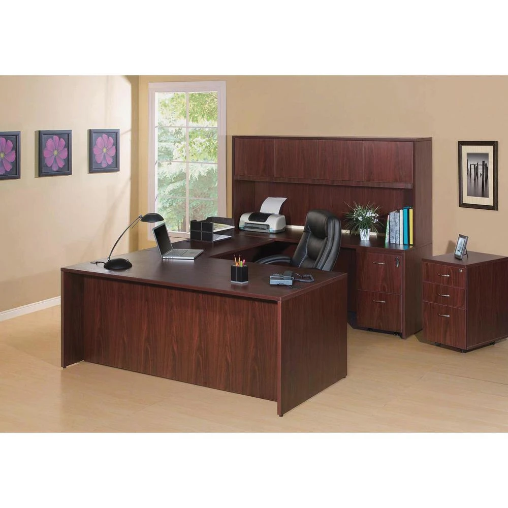 商品Lorell|Essentials Series Rectangular Desk Shell - 66.1" x 29.5" x 1" x 29.5" - Finish: Laminate, Mahogany - Grommet, Modesty Panel, Durable, Adjustable Feet,价格¥4258,第3张图片详细描述