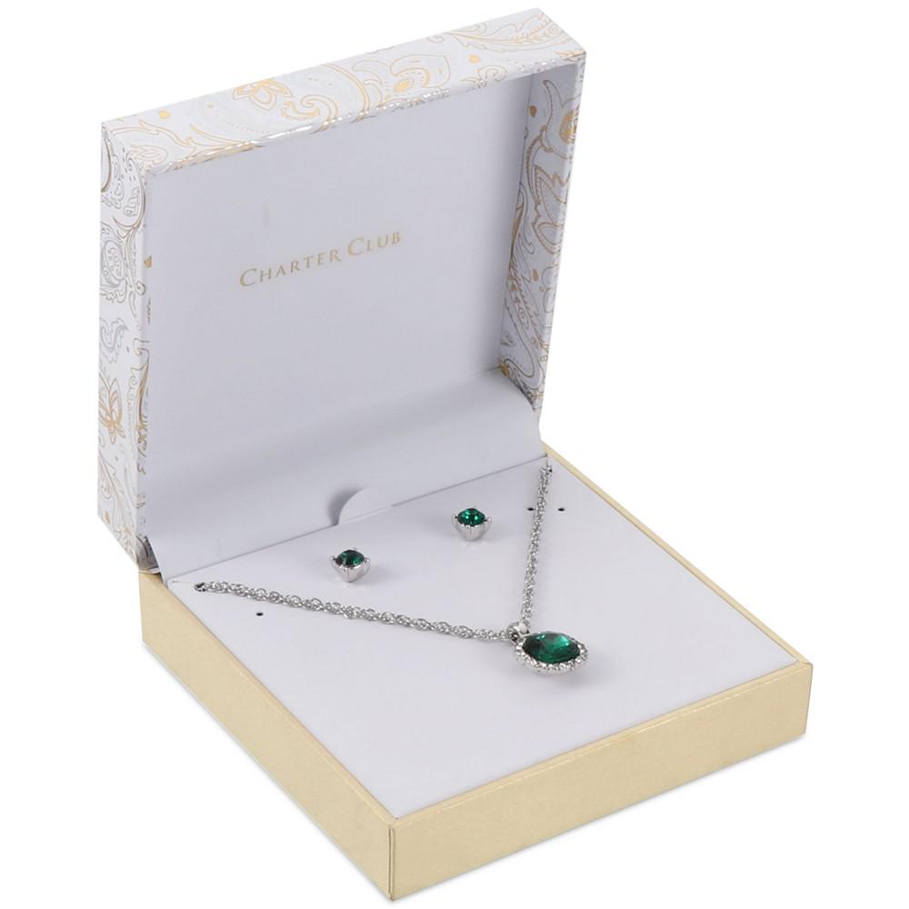 Silver-Tone Pavé & Emerald-Cut Stone Halo Pendant Necklace & Stud Earrings Set, Created for Macy's商品第2张图片规格展示