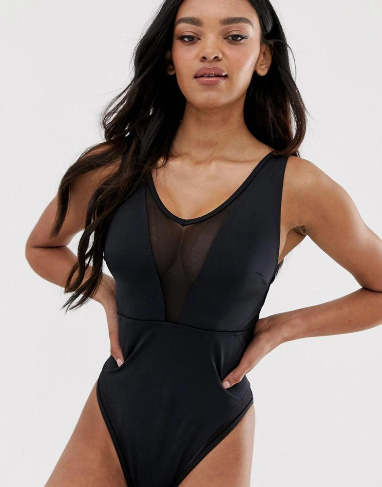商品ASOS|ASOS DESIGN fuller bust exclusive mesh insert swimsuit in black dd-g,价格¥63,第1张图片