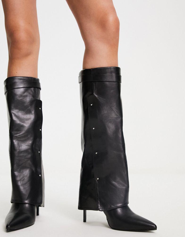 ASOS DESIGN Clearly high-heeled fold over knee boots in black商品第2张图片规格展示